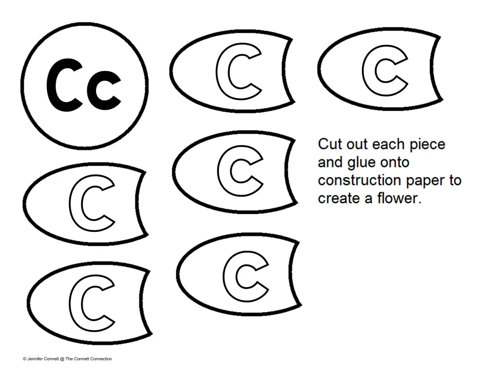 Letter C petals: students cut out six petals, each showing an outlined lowercase c, and a Cc center to form a flower