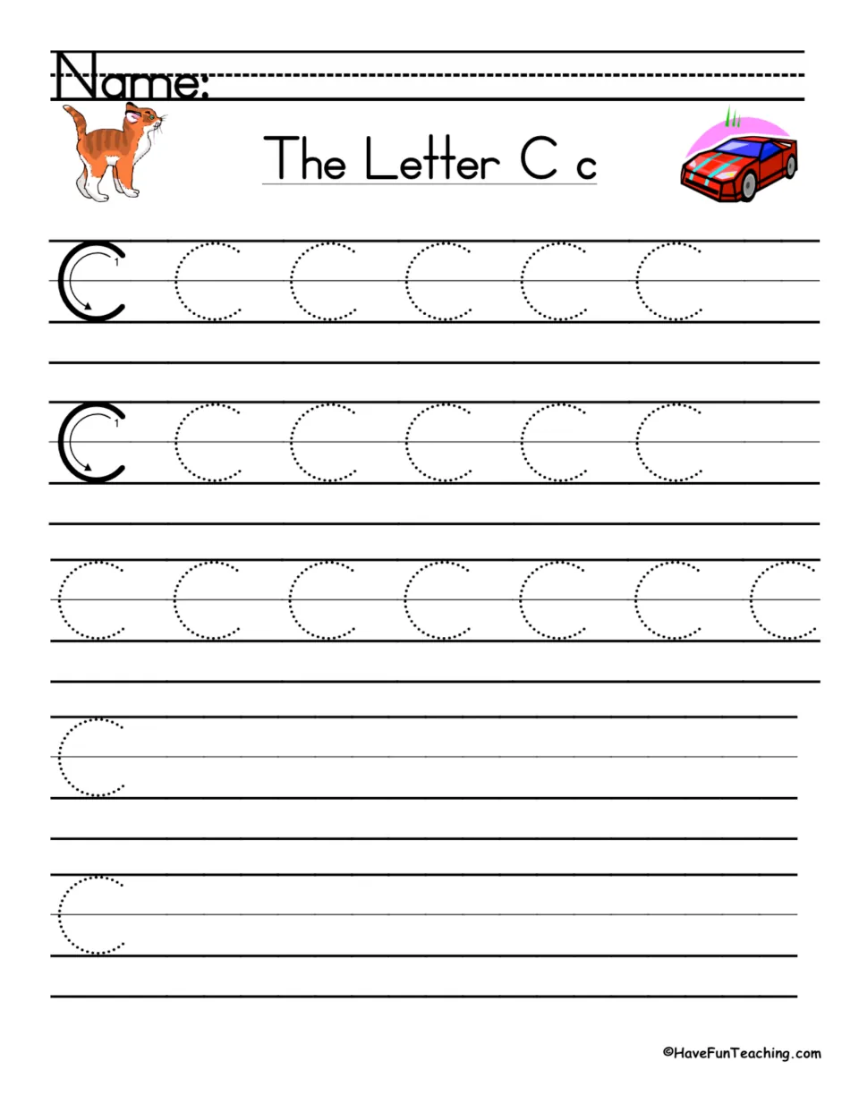 Uppercase C handwriting: students trace dotted capital C rows from a stroke-order model, then write C on their own