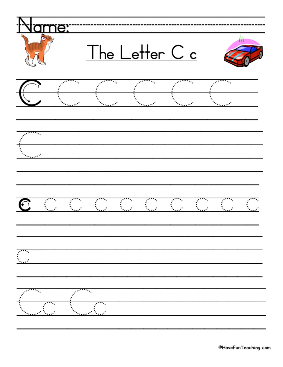 Mixed C and c handwriting: students trace capital and small c, write each alone, then trace the Cc letter pair