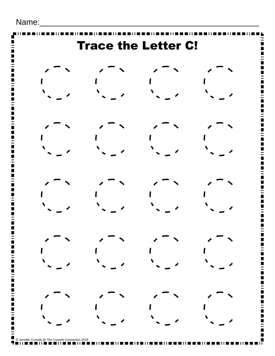 Trace the Letter C: students trace 20 large dotted uppercase C shapes to practise forming the capital letter