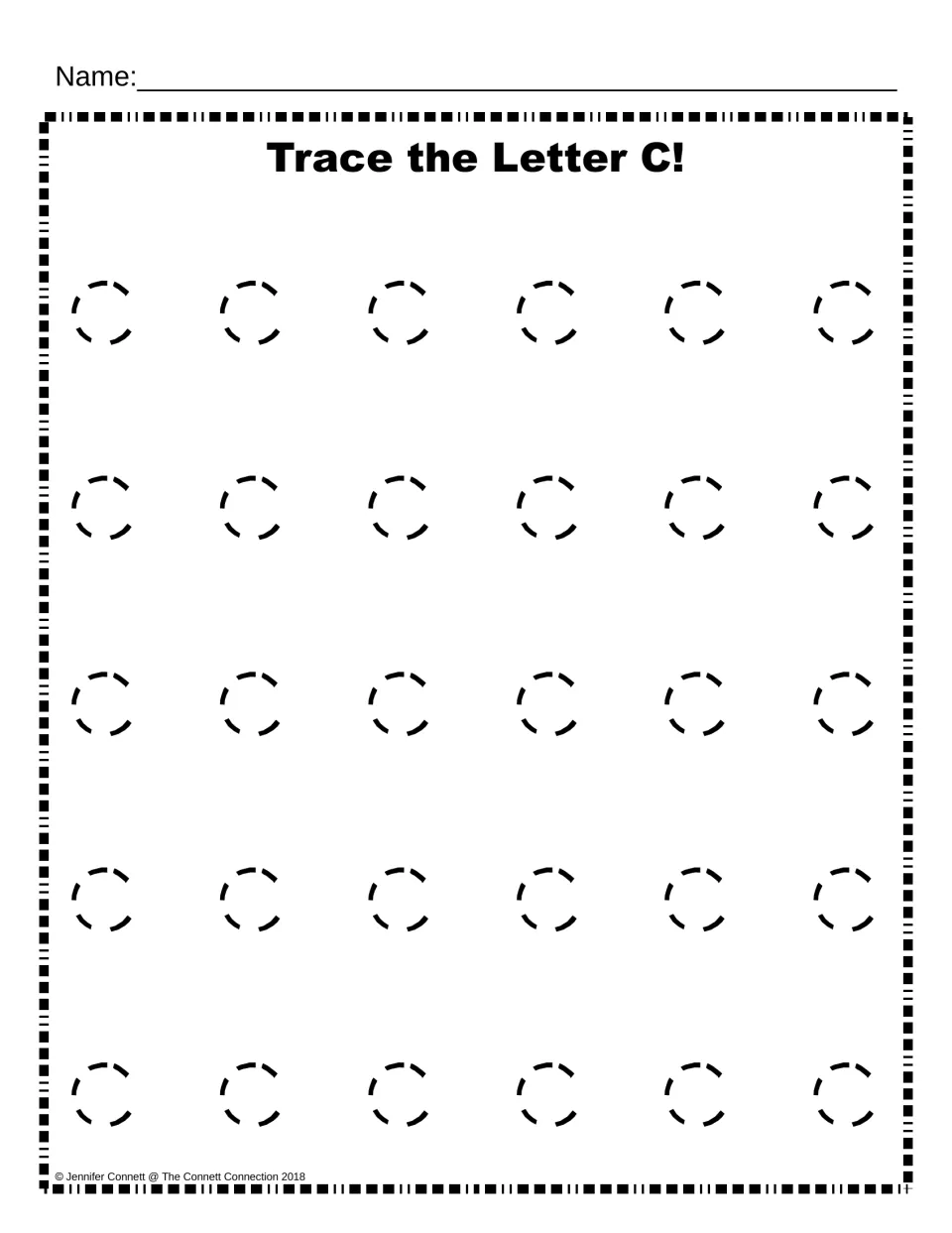 Lowercase c tracing: students trace 30 small dotted c shapes in rows of six to practise forming the lowercase letter