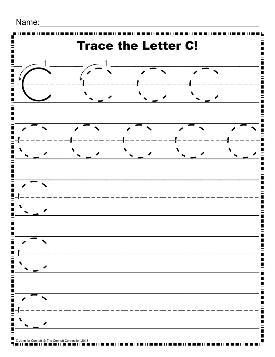 Capital C handwriting: a model C with a numbered stroke arrow, then dotted Cs to trace and rows to write C alone