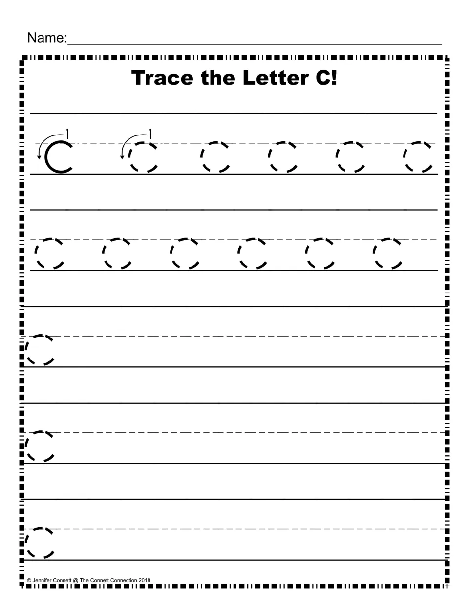 Lowercase c handwriting: a model c with stroke arrow, two rows of dotted c to trace, then rows to write c alone