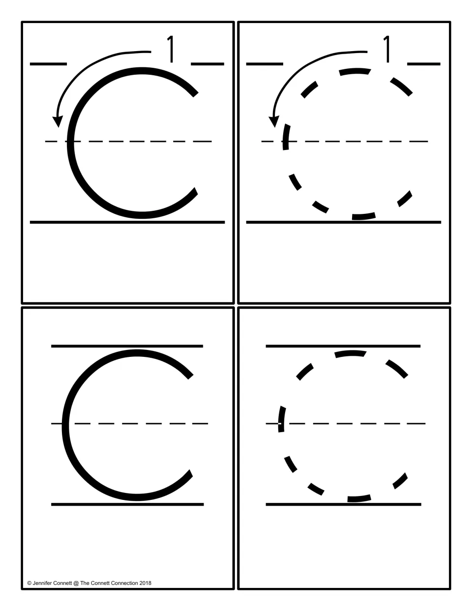 Uppercase C cards: a solid C and a dotted C with a stroke-order arrow, plus a plain solid C and a dotted C to trace