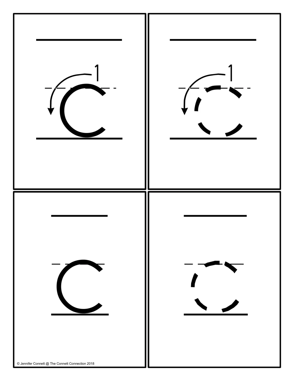 Lowercase c cards: solid and dotted c with a numbered start arrow, then a plain solid c and a dotted c for tracing