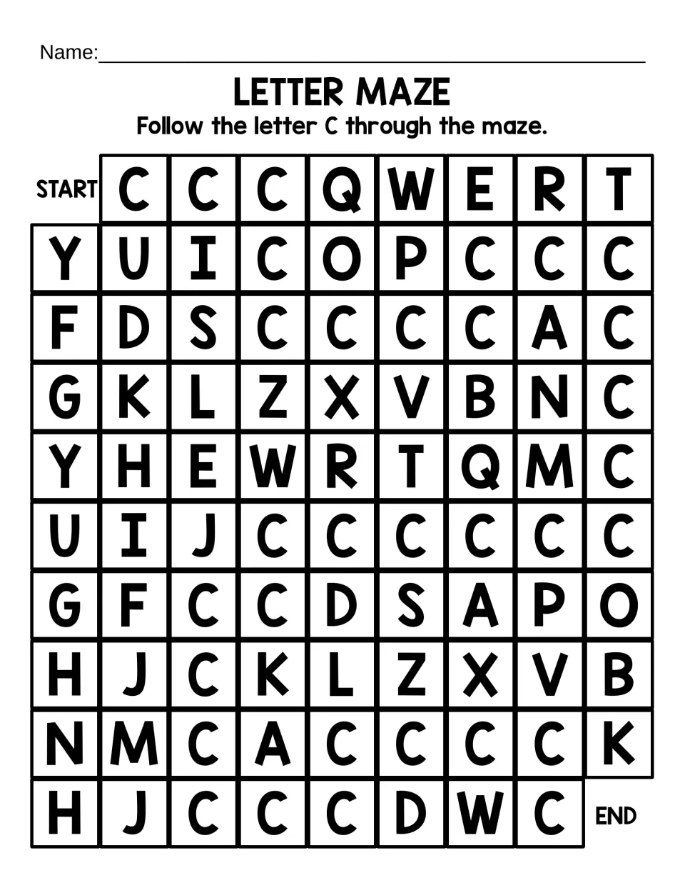 Uppercase C letter maze: students follow a long path of capital C's from START to END, passing other letters