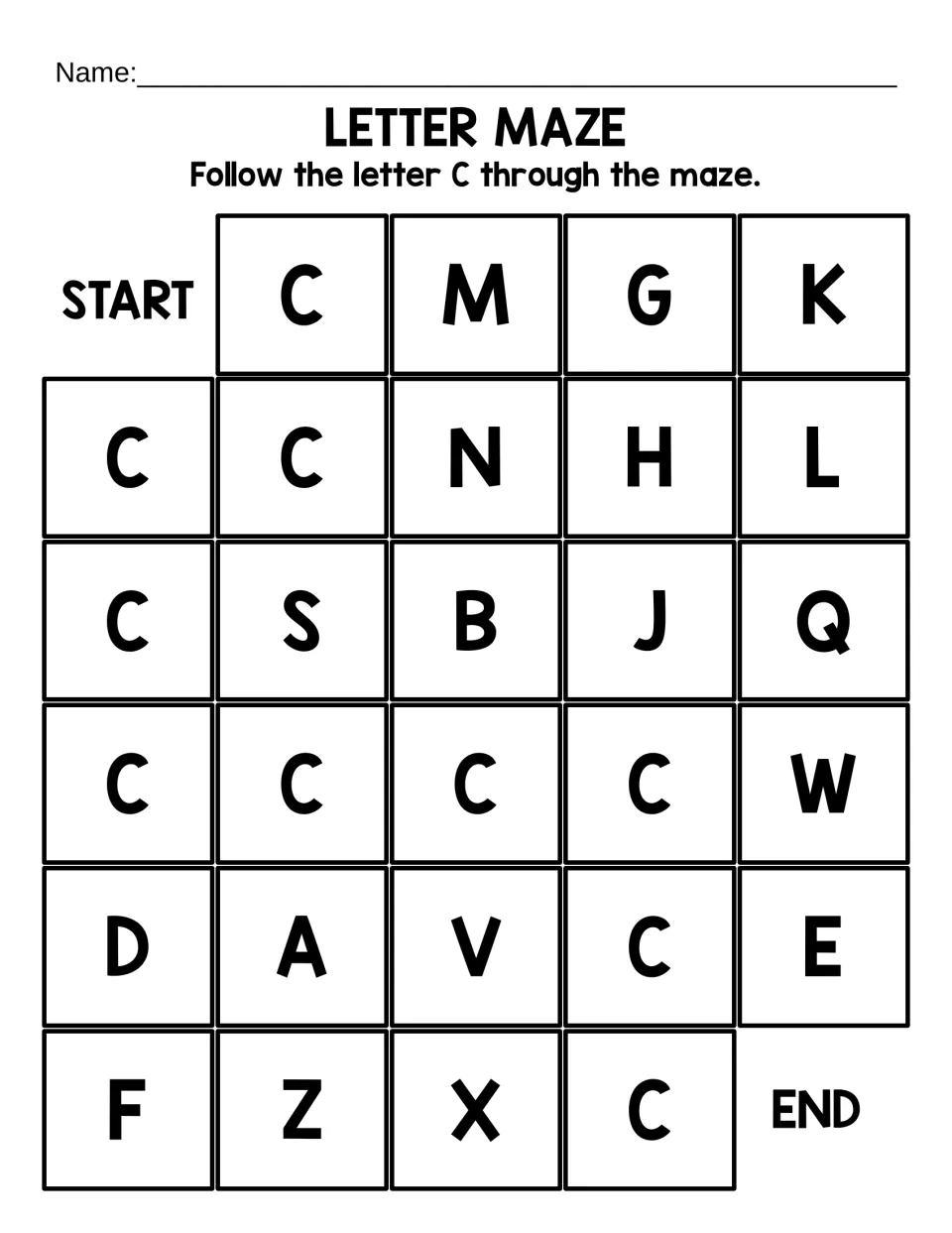 Short capital C maze: students trace a path of large C letters from START to END past M, S, D and other distractors