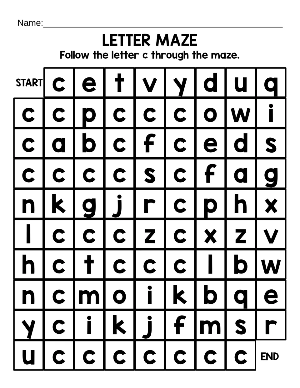 Lowercase c letter maze: students find and follow a winding trail of small c's from START to END among other letters
