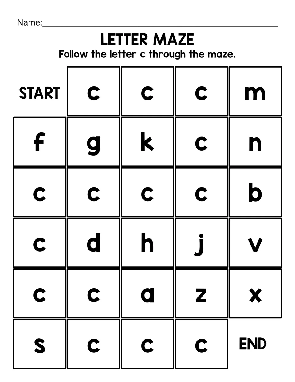 Short lowercase c maze: students follow big c's from START to END, skipping letters like f, g, k and z