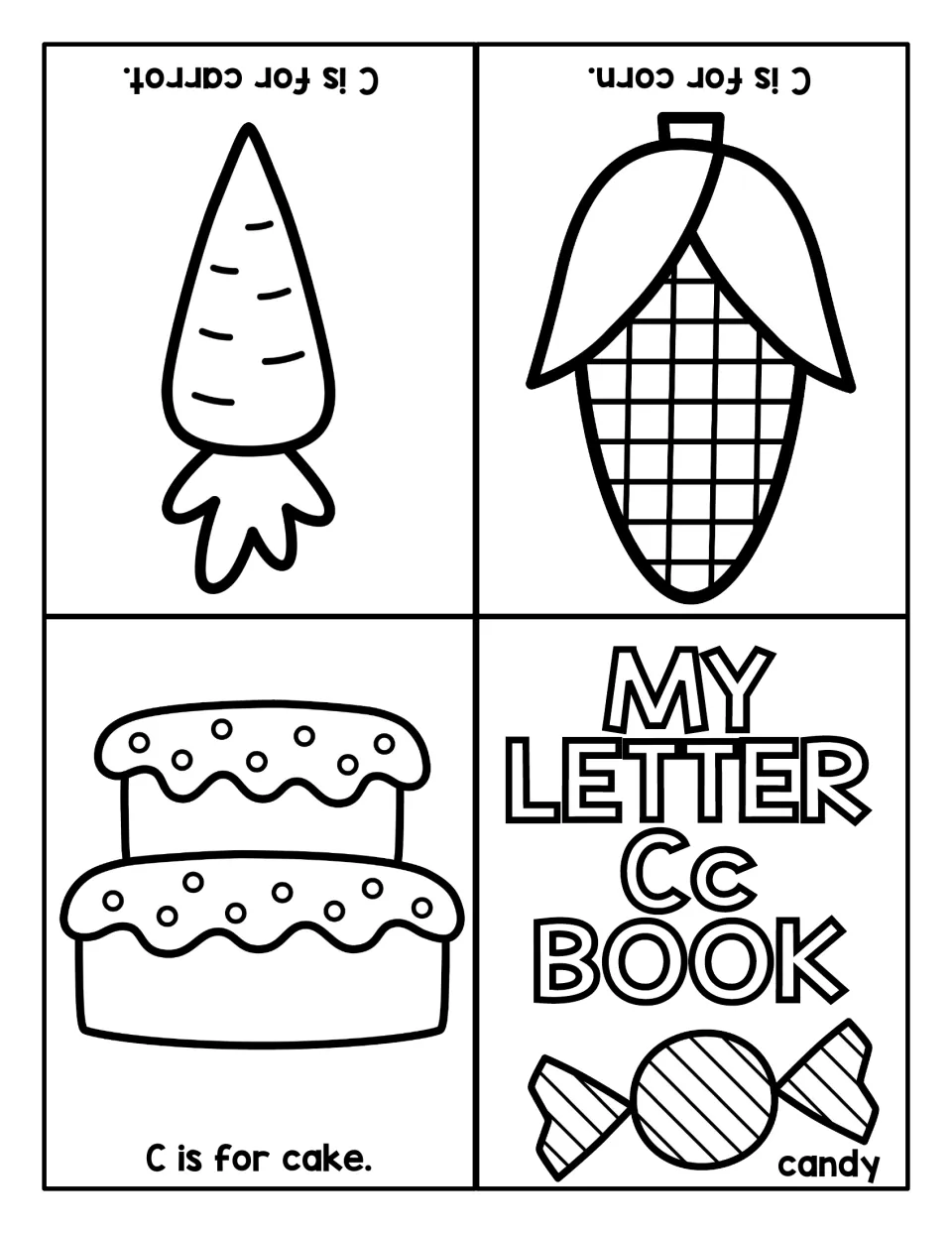 Letter Cc foldable book: candy cover, then C is for cake, corn and carrot pages for coloring and reading C words