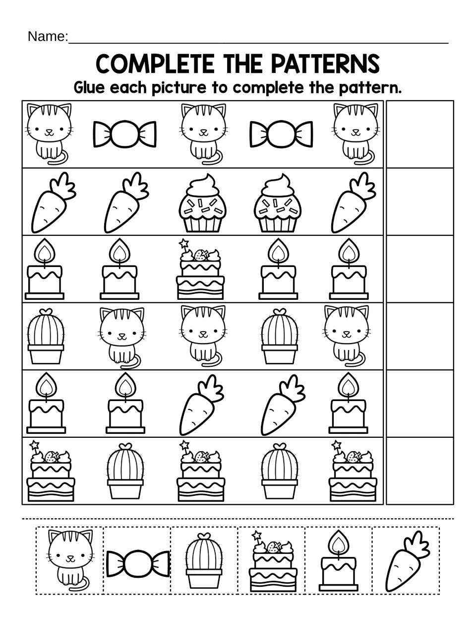 Complete the patterns: students glue the next kitten, candy, cactus, cake, candle or carrot picture at the end of each row