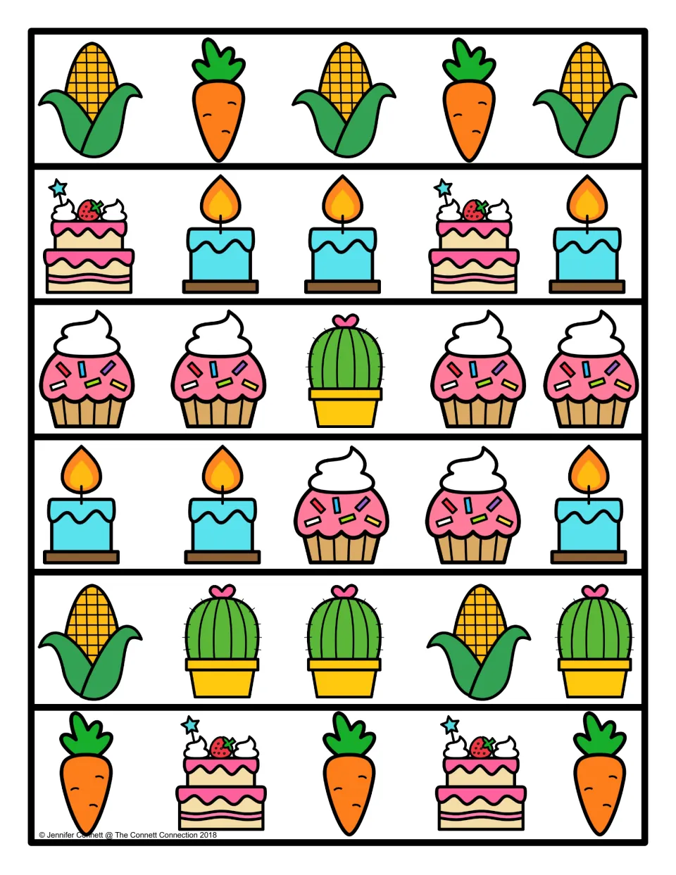 Color pattern strips: students extend six repeating rows of corn, carrot, cake, candle, cupcake and cactus pictures