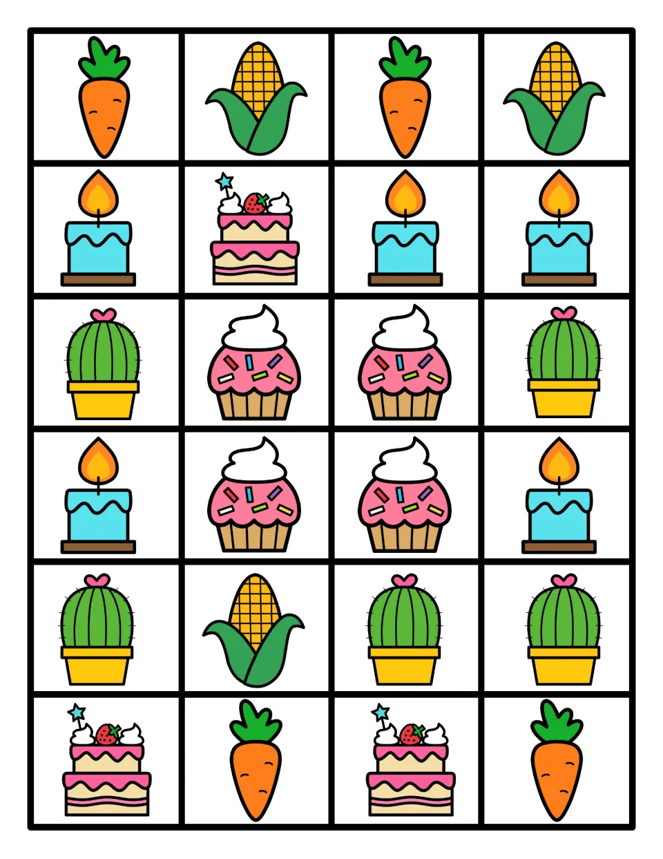 Color picture cards: 24 cut-apart carrot, corn, candle, cake, cactus and cupcake cards for continuing the pattern strips
