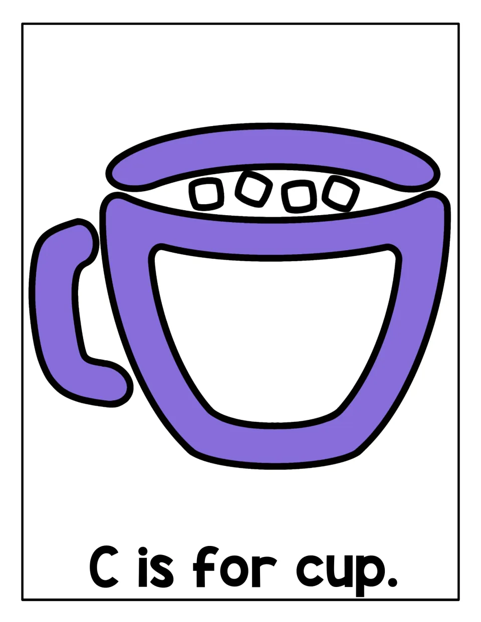 C is for cup: students roll playdough to fill a purple mug topped with marshmallows while saying the C sound