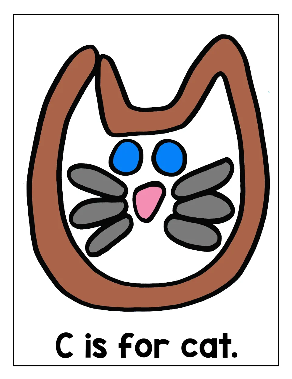 C is for cat: students press playdough into a brown cat face with blue eyes, a pink nose and gray whiskers