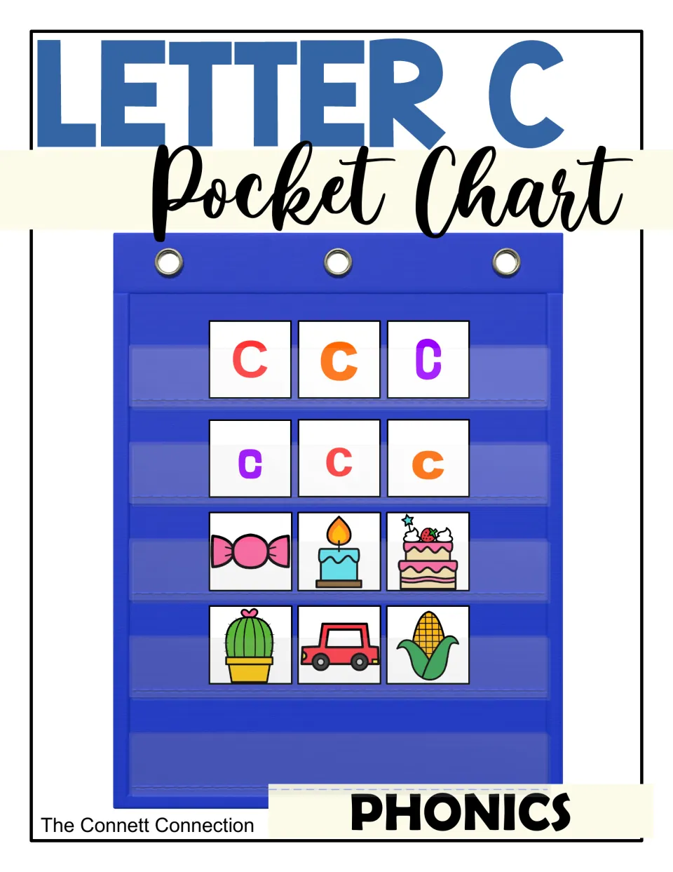 Letter C Pocket Chart cover: a blue pocket chart holds C and c letter cards plus candy, candle, cake, cactus, car and corn