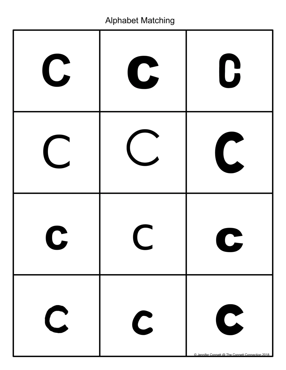 Alphabet Matching: 12 black-ink cards showing uppercase C and lowercase c in different fonts for letter recognition sorting