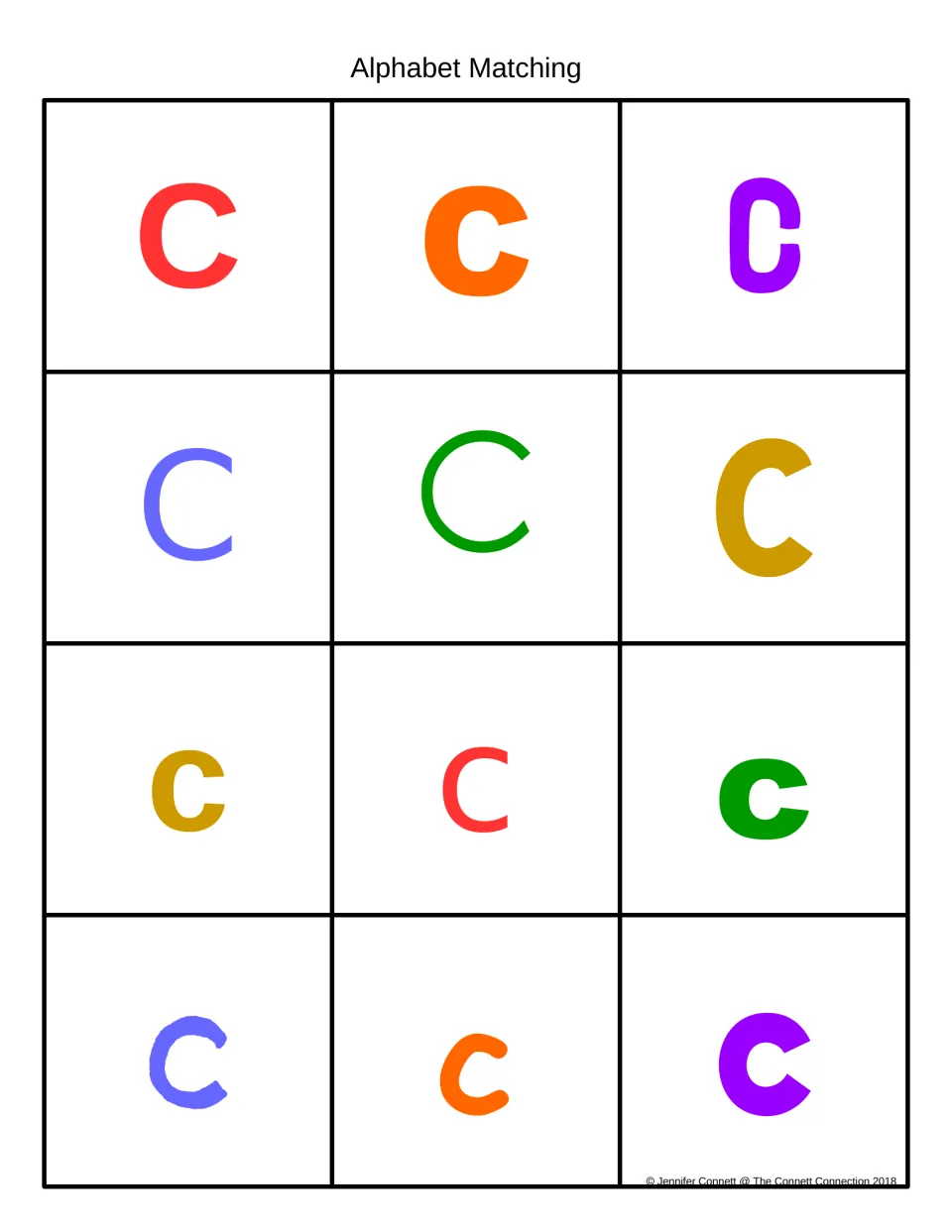 Alphabet Matching in color: 12 cards of uppercase C and lowercase c in varied fonts, printed in bright colors
