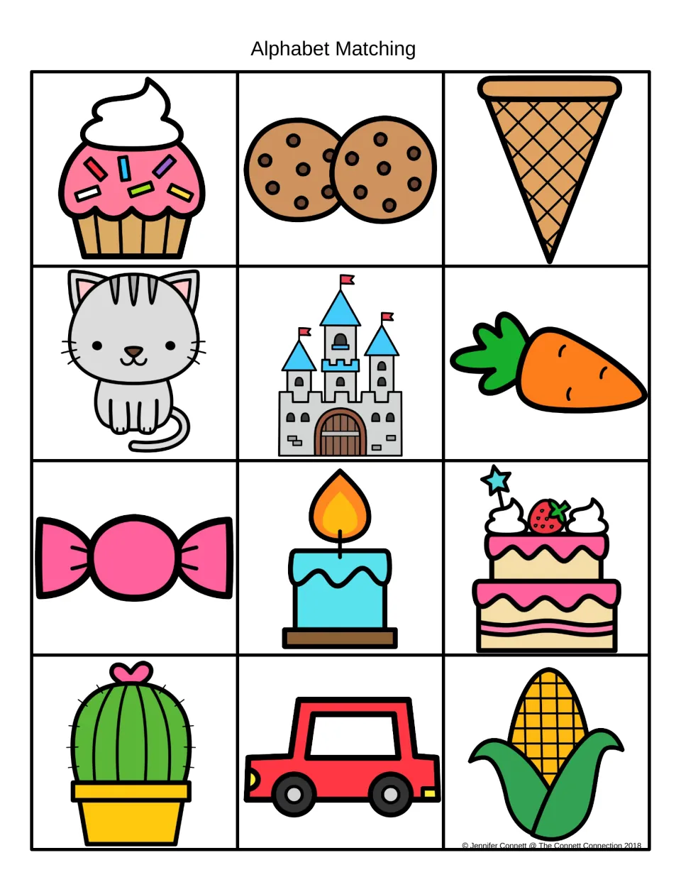C picture cards to match to letters: cupcake, cookies, cone, cat, castle, carrot, candy, candle, cake, cactus, car and corn