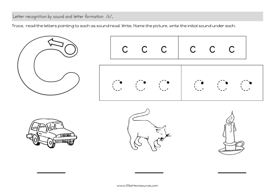 Letter c practice: trace and read c, then name a car, cat, and candle and write their beginning letter.