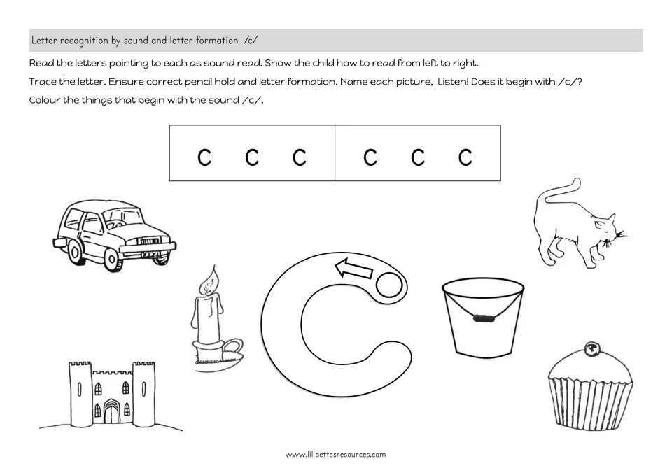 Letter c sound practice: read and trace c, then color matching pictures, including a car, cat, and candle.