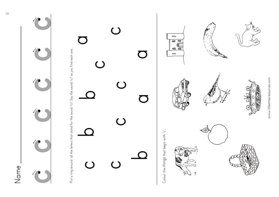 Letter c recognition practice: circle c among a and b, then color pictures whose names begin with c.