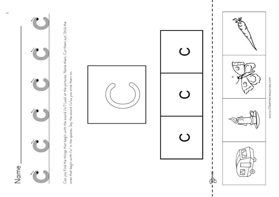 Letter c cut-and-paste practice: choose pictures beginning with c from a trailer, candle, butterfly, and carrot.