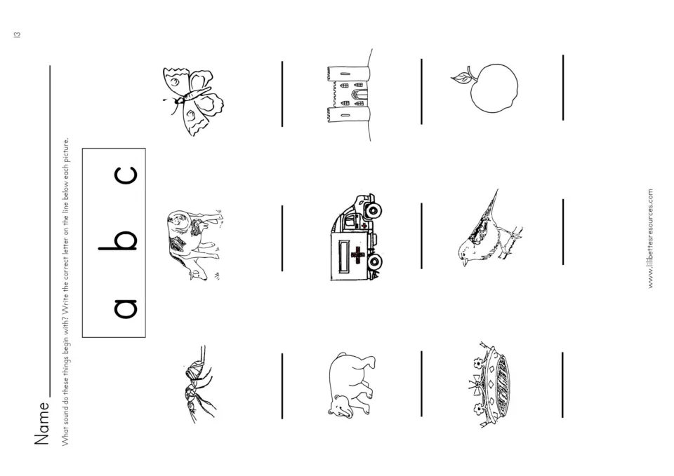 Beginning-sound review: write a, b, or c for nine pictures, including an ant, cow, butterfly, and bear.