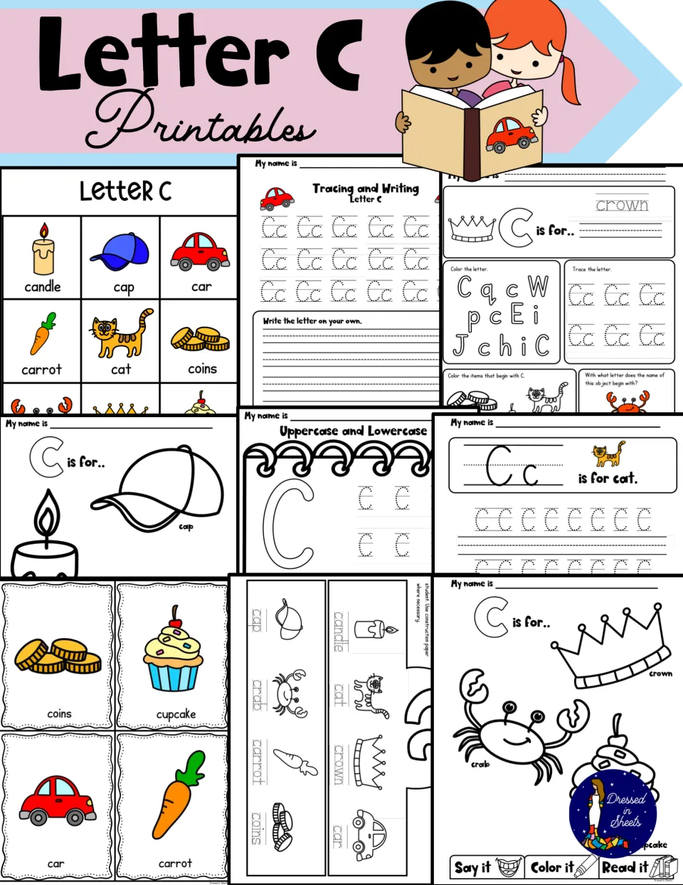 Letter C Printables cover showing C picture cards, tracing pages, C is for coloring sheets and a letter C maze