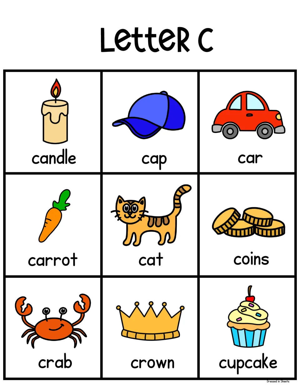 Letter C vocabulary chart: nine color pictures labeled candle, cap, car, carrot, cat, coins, crab, crown and cupcake