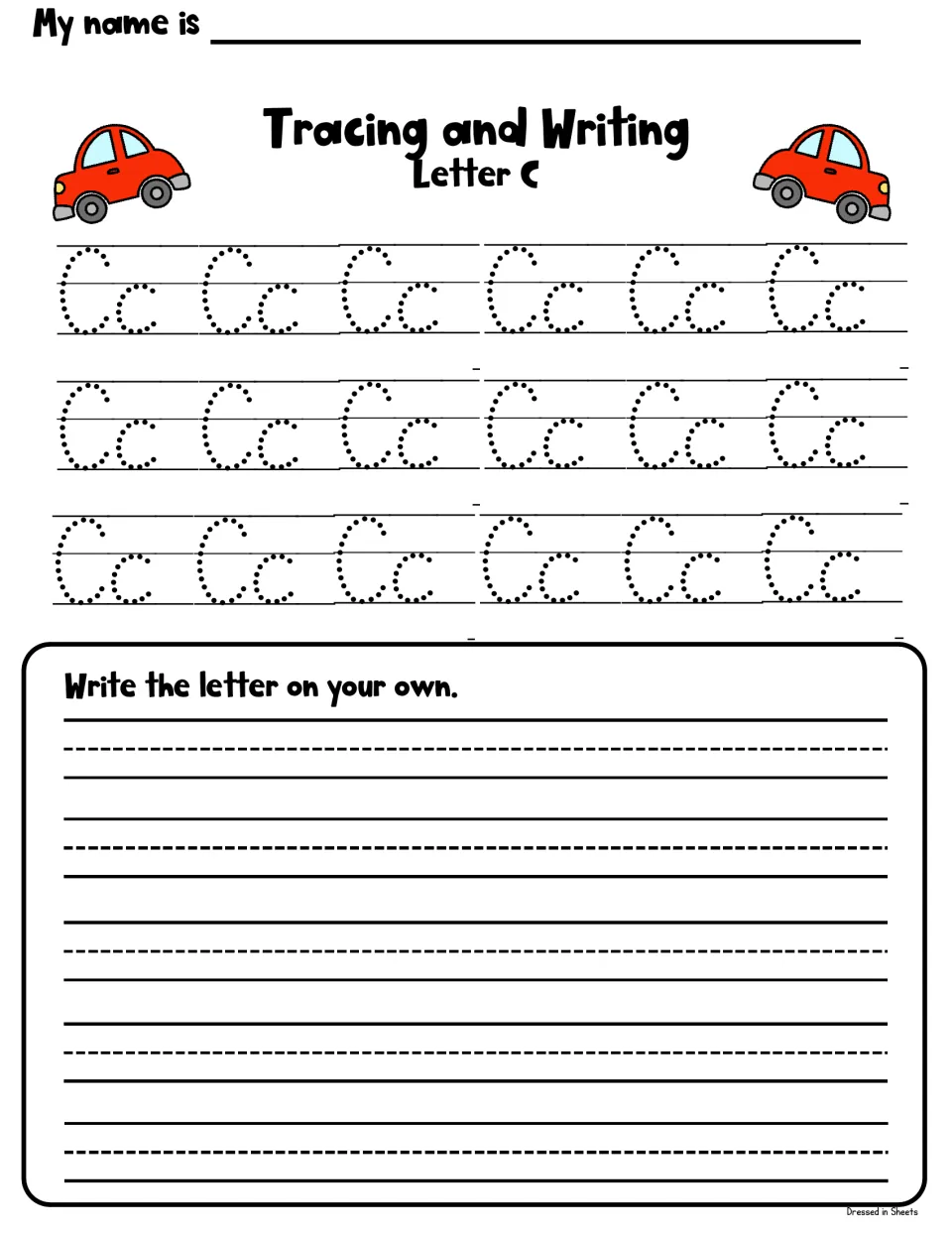 Tracing and writing letter C: students trace three rows of dotted Cc pairs, then write the letter on their own