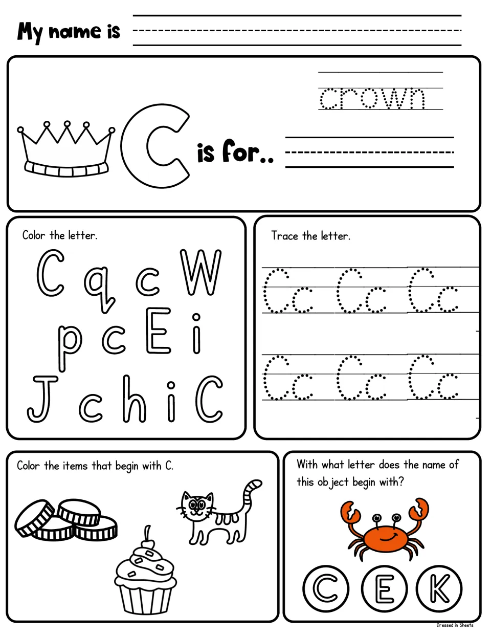 C is for crown: students trace the word, color C letters, trace Cc, color items starting with C and pick C for a crab