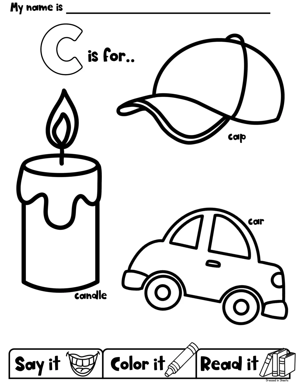 C is for candle, cap and car: students say, color and read each labeled picture to practise the beginning C sound