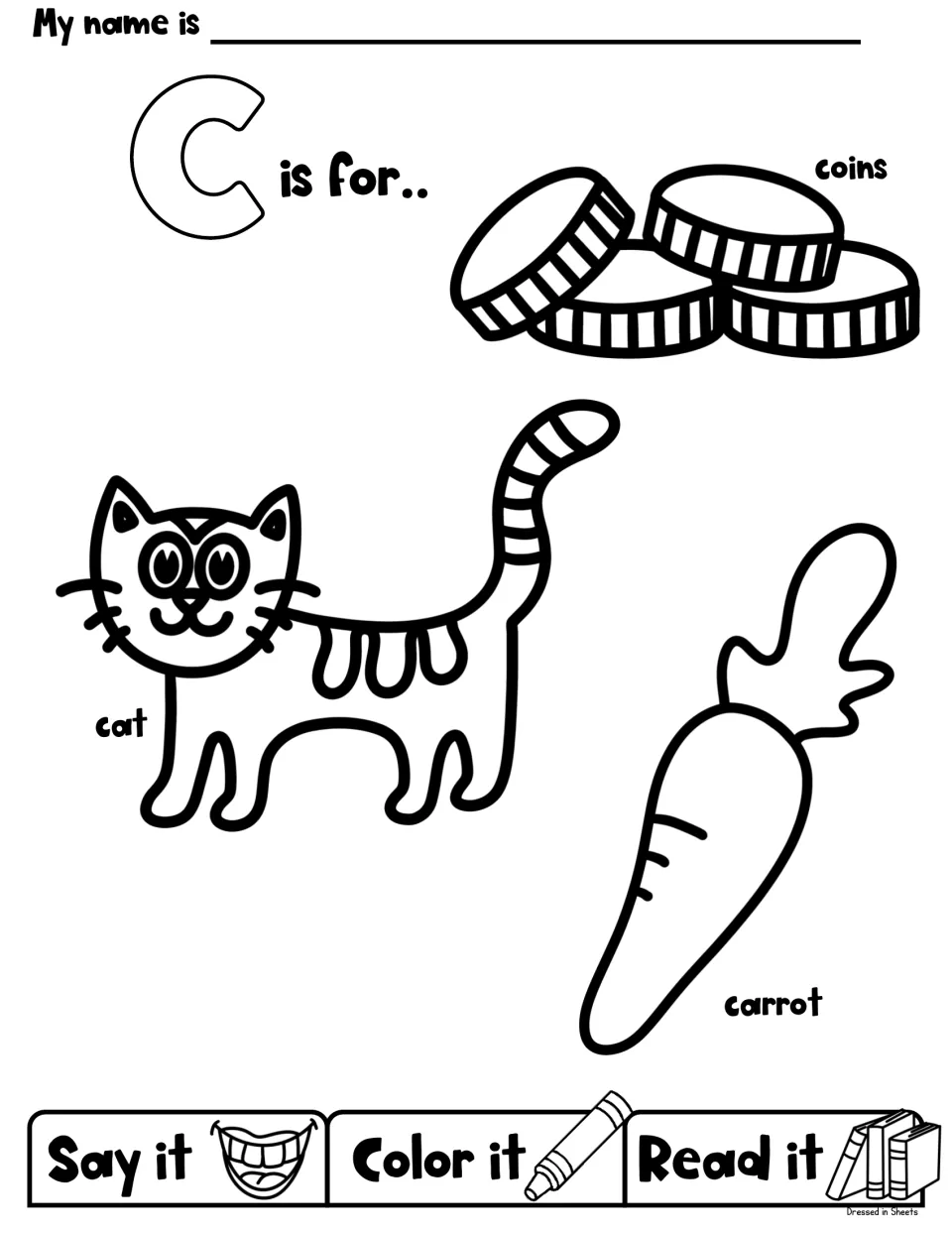 C is for coins, cat and carrot: students say, color and read each labeled line drawing that begins with letter C