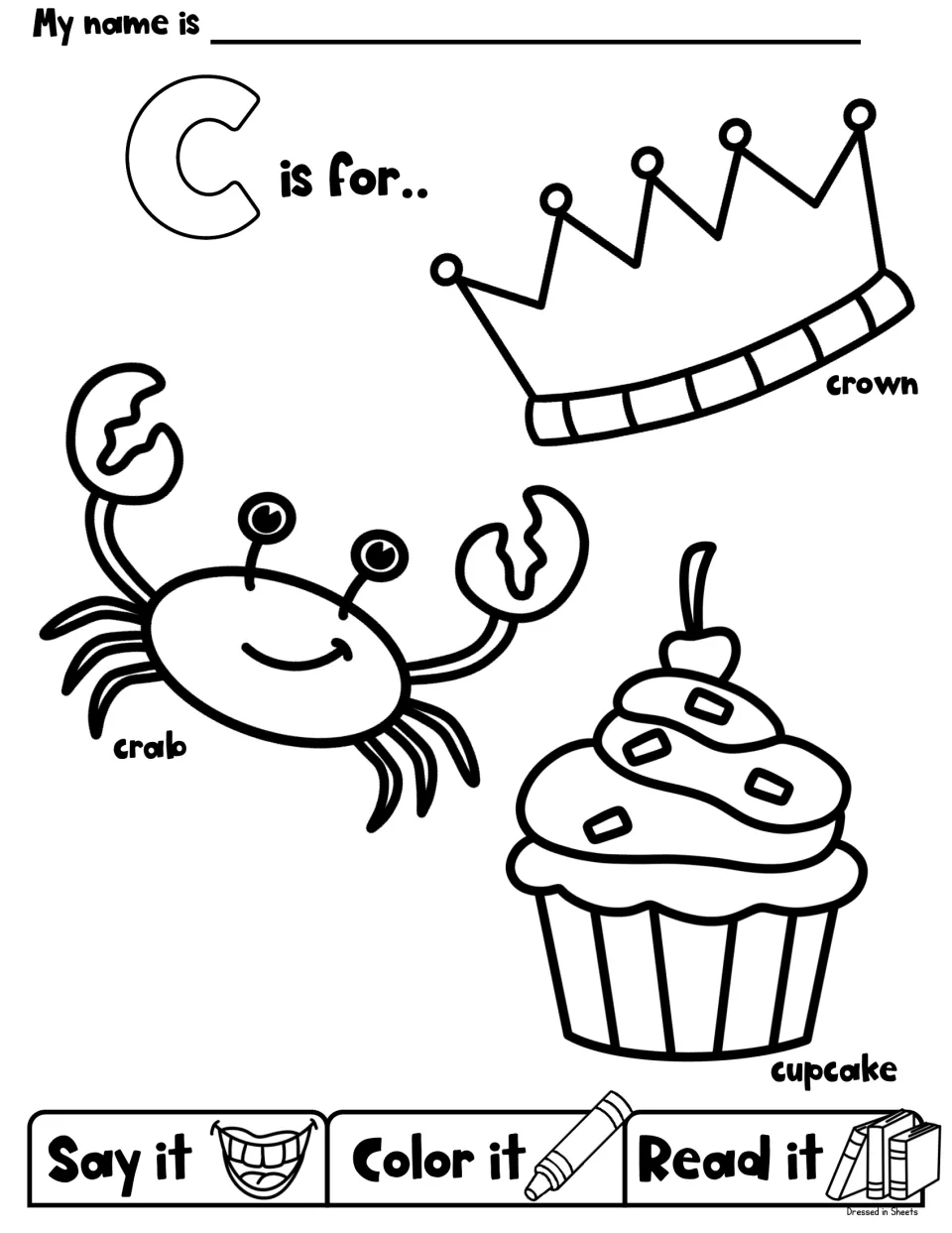 C is for crown, crab and cupcake: students say the word, color the picture and read each label beginning with C