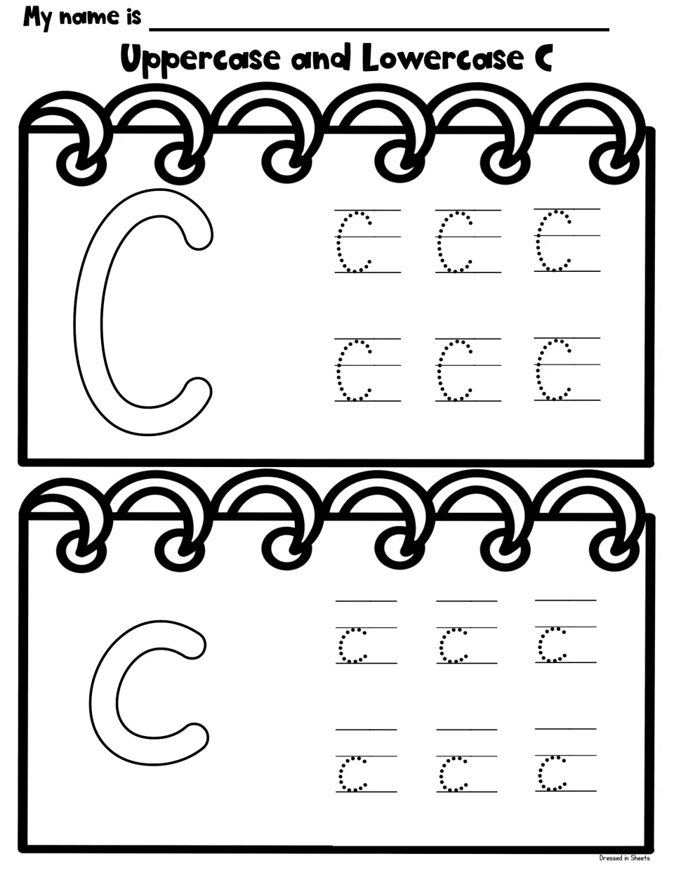 Uppercase and lowercase C: students color a large outlined C and c, then trace six dotted copies of each letter form