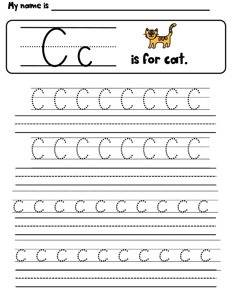 Cc is for cat: students trace two rows of dotted capital C and two rows of lowercase c, with a writing line under each