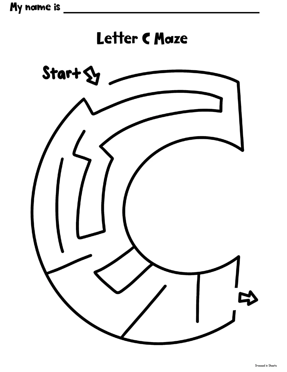Letter C maze: students follow a path through a large C-shaped maze from the Start arrow to the exit arrow