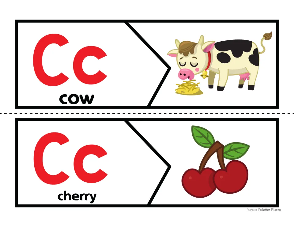 Letter C beginning sound puzzles: students cut and match the Cc piece to its picture for the words cow and cherry