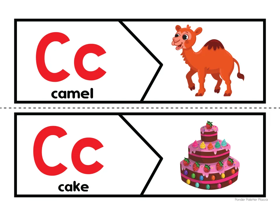 Letter C /k/ sound puzzles for camel and cake: students join each Cc word half to its picture to match the beginning sound