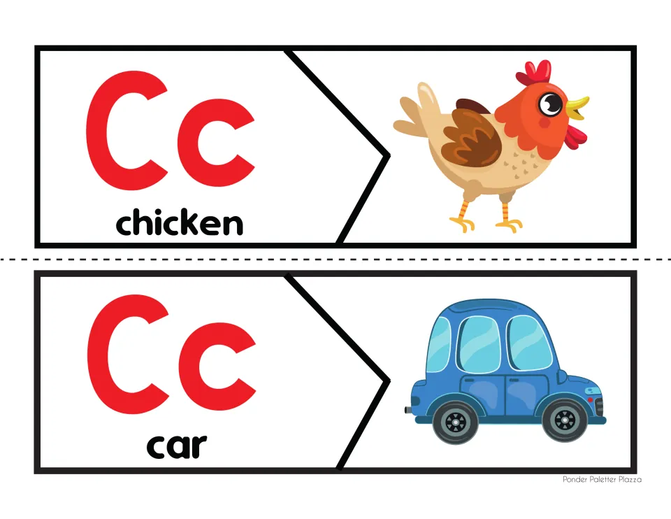Cc puzzle pieces for chicken and car: students connect the letter side to the matching picture to practise initial C
