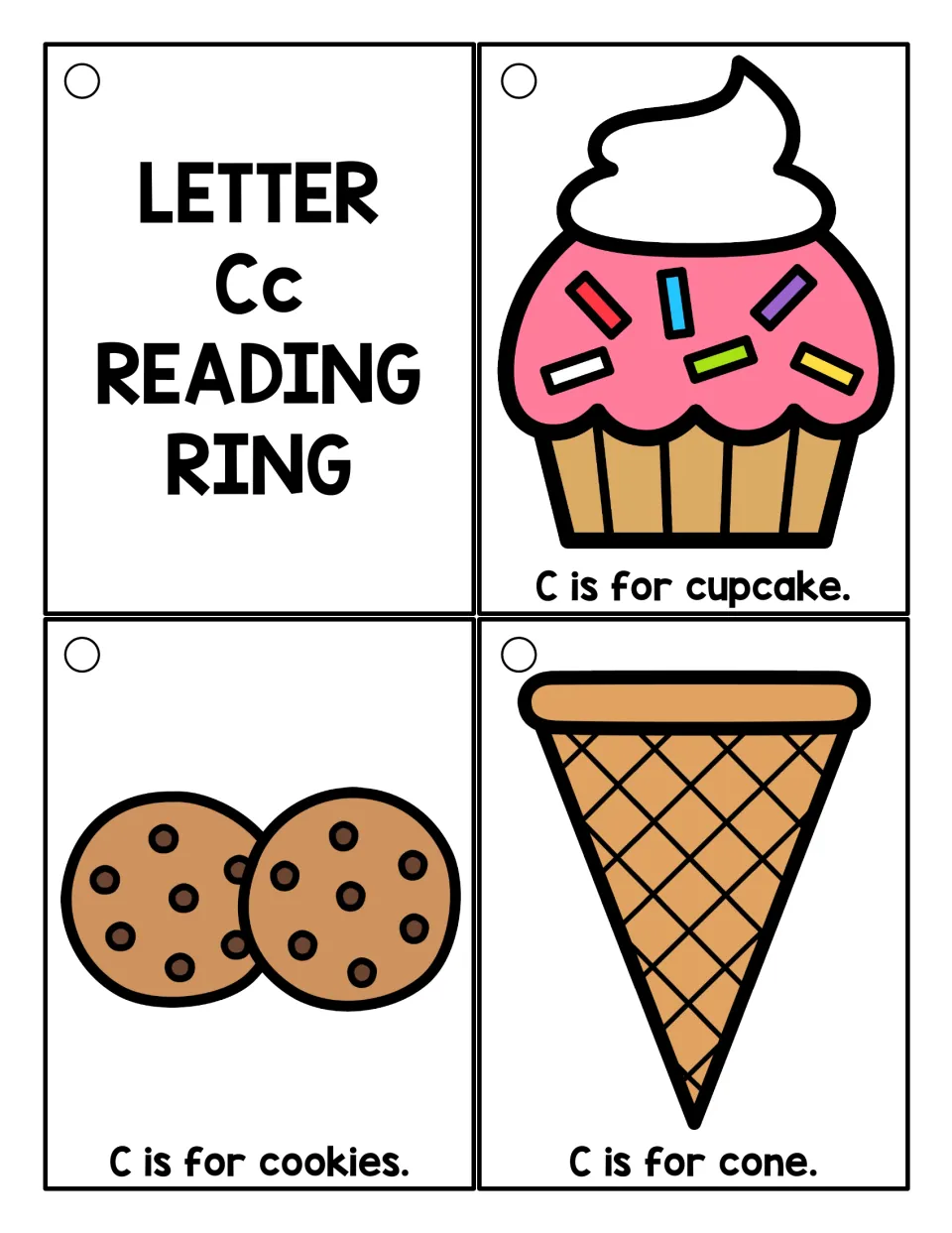 Letter Cc title card plus color picture cards to read: C is for cupcake, C is for cookies and C is for cone (ice cream)