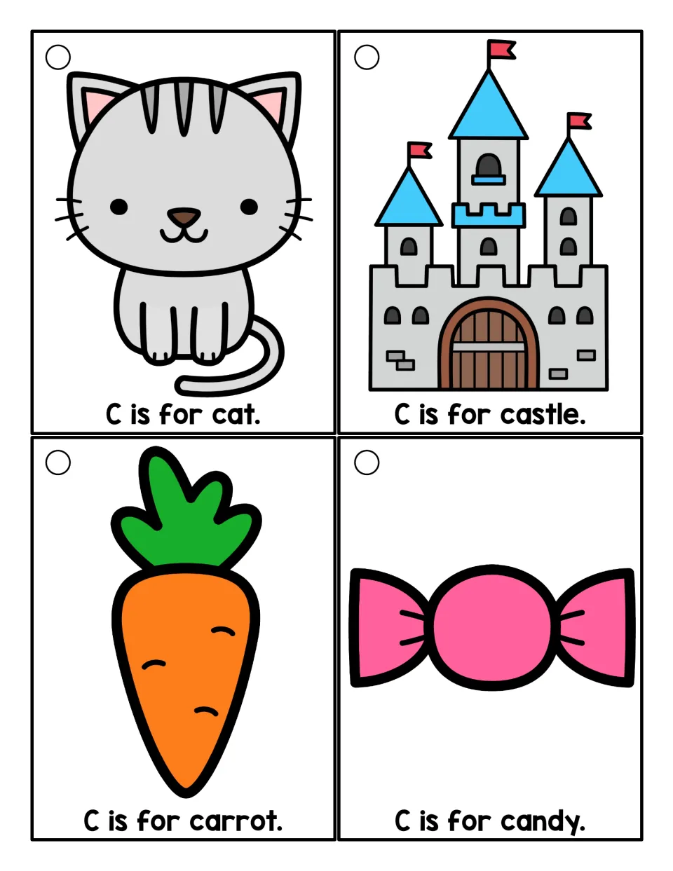 Initial C sound cards in color: students read C is for cat, castle, carrot and candy, each sentence under a picture