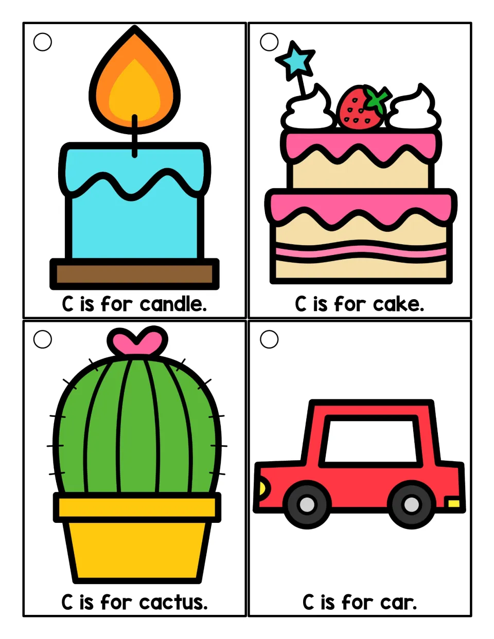 Color reading cards for the hard C sound: C is for candle, cake, cactus and car, each sentence paired with a picture