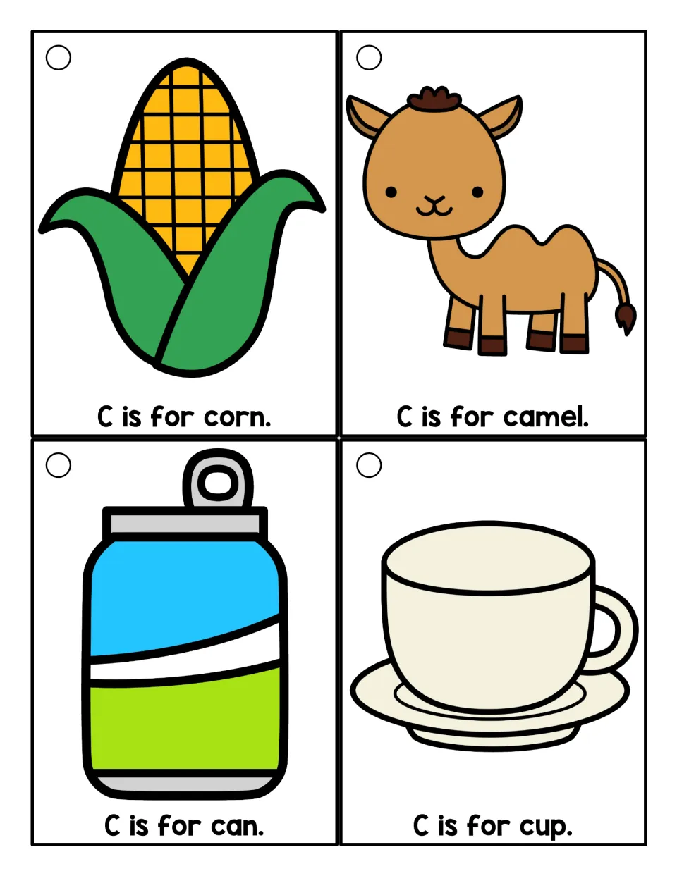 Last color set of letter C cards: students read C is for corn, camel, can and cup, matching each word to its picture