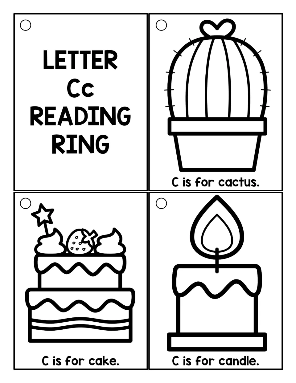 Black-and-white Letter Cc title card and outline cards to color and read: C is for cactus, cake and candle