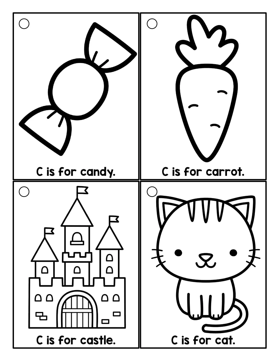 Outline cards to color and read for letter C: C is for candy, carrot, castle and cat, one sentence under each picture