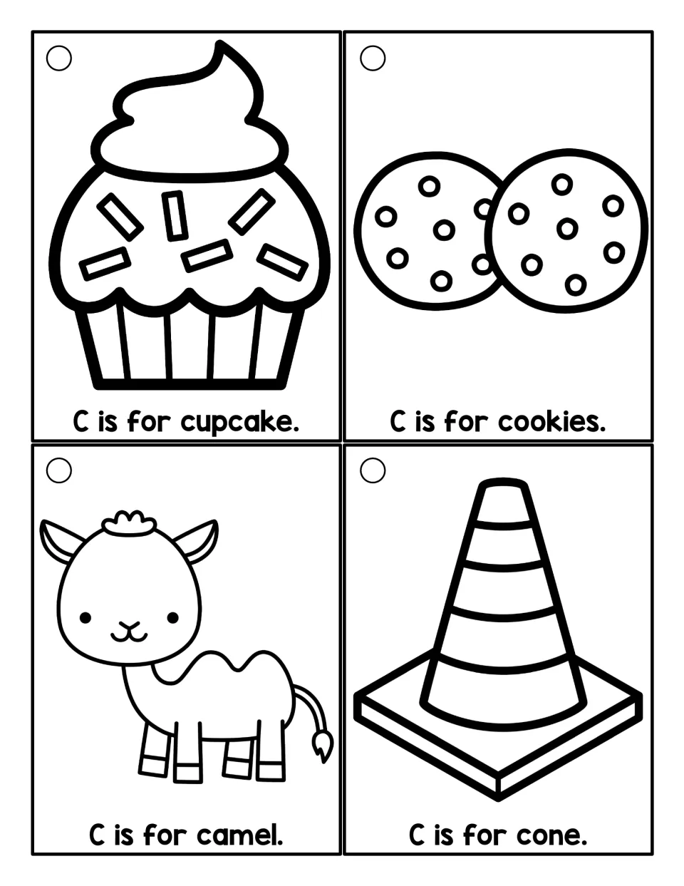 Black-and-white C cards to color and read: C is for cupcake, cookies, camel and cone, the cone drawn as a traffic cone