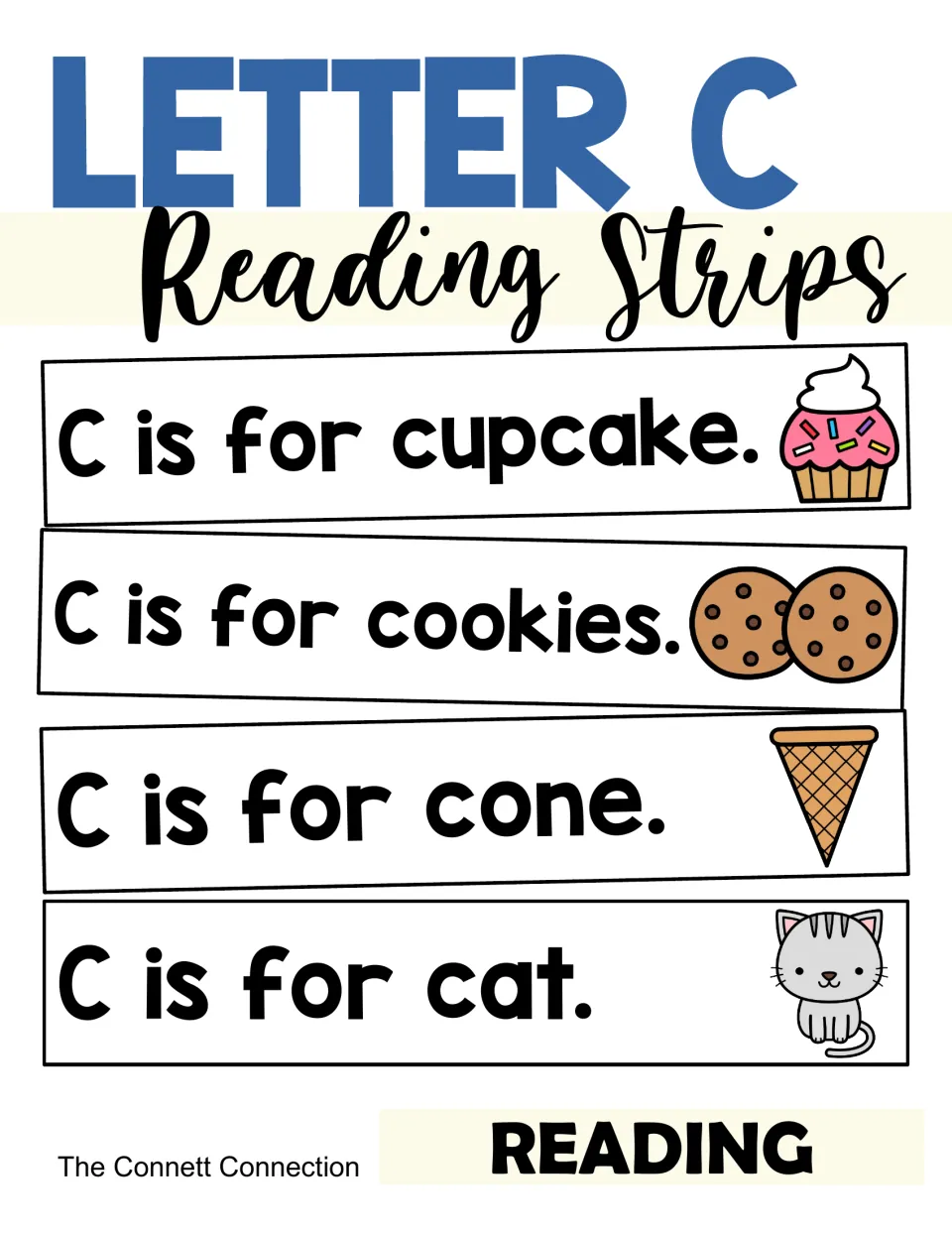 Letter C Reading Strips cover showing sample sentences for cupcake, cookies, cone, and cat with pictures.