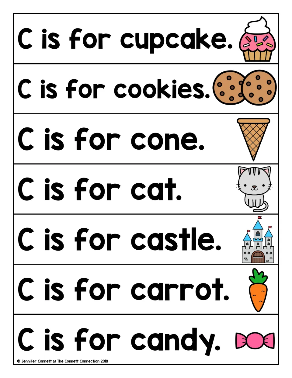 C words reading strips: students read seven sentences, from C is for cupcake to C is for candy, using picture clues